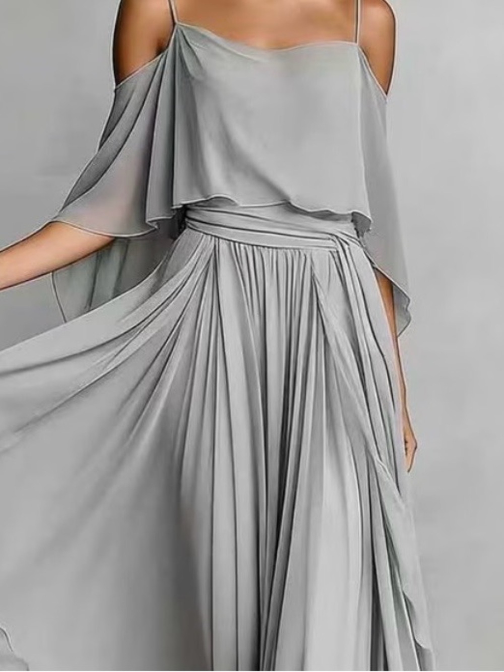Elegant Cold-Shoulder Maxi Skirt Set in Light Gray